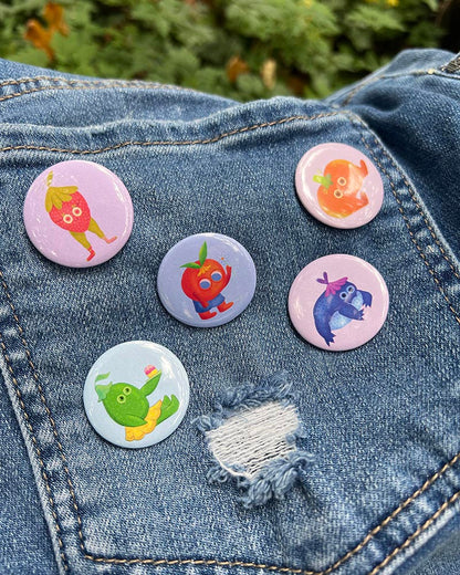 Set of 5 Fun Pin Buttons – Featuring Happy Frog, Strawberry Friend, Mr. Biscuits, Lime with Cupcake, and Peachy Guy