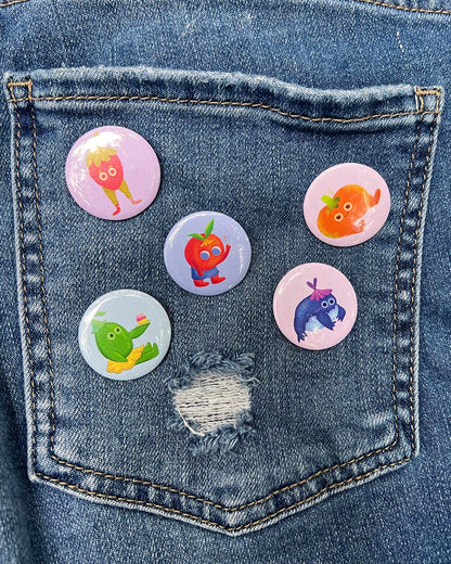 Set of 5 Fun Pin Buttons – Featuring Happy Frog, Strawberry Friend, Mr. Biscuits, Lime with Cupcake, and Peachy Guy