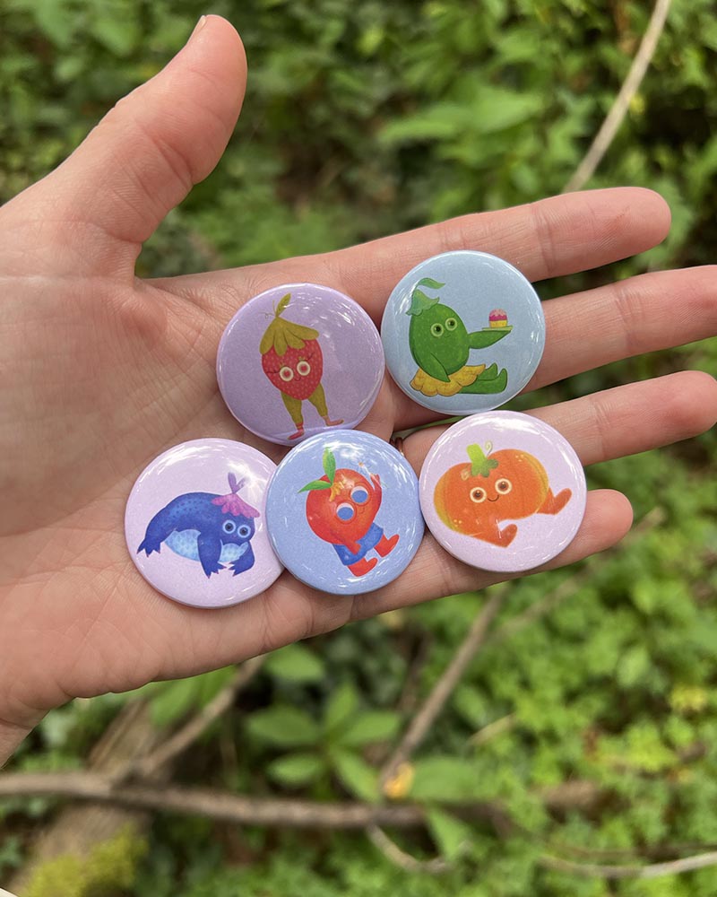 Set of 5 Fun Pin Buttons – Featuring Happy Frog, Strawberry Friend, Mr. Biscuits, Lime with Cupcake, and Peachy Guy