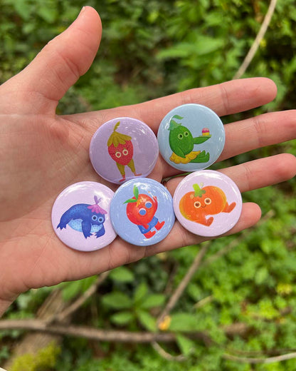 Set of 5 Fun Pin Buttons – Featuring Happy Frog, Strawberry Friend, Mr. Biscuits, Lime with Cupcake, and Peachy Guy