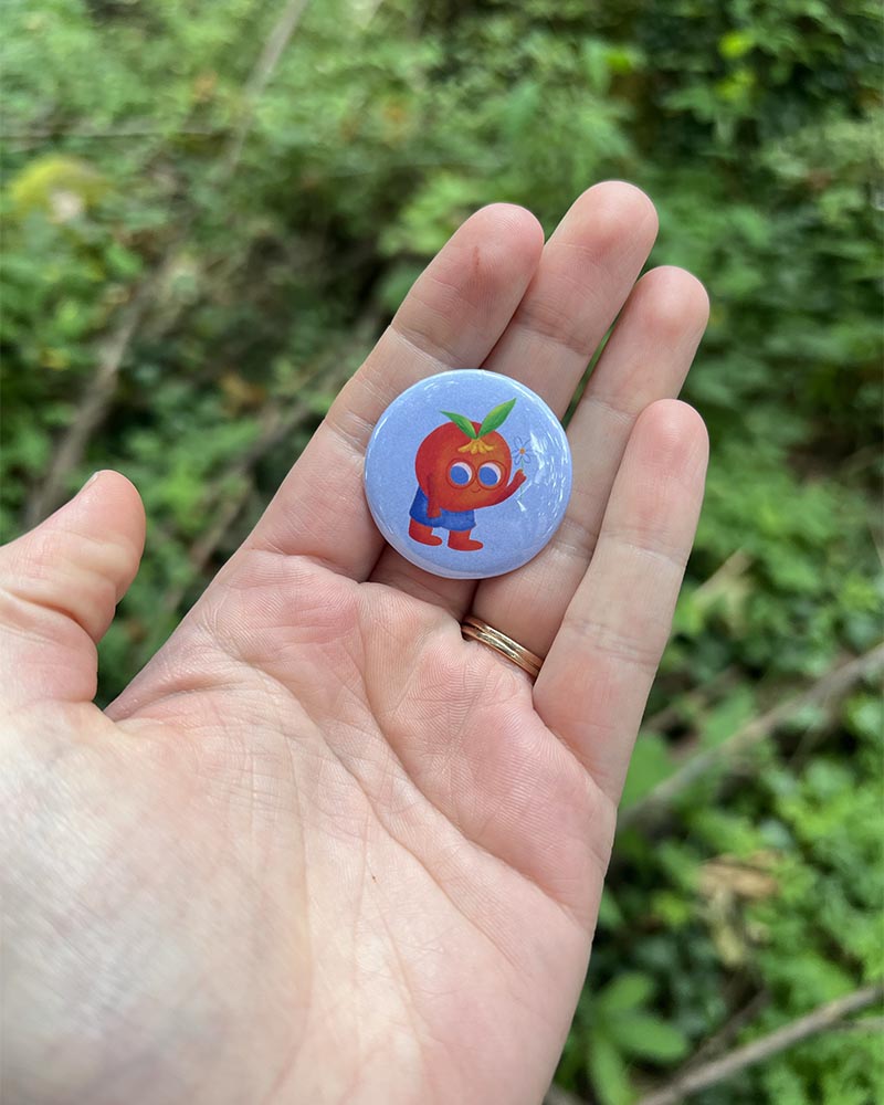 Set of 5 Fun Pin Buttons – Featuring Happy Frog, Strawberry Friend, Mr. Biscuits, Lime with Cupcake, and Peachy Guy