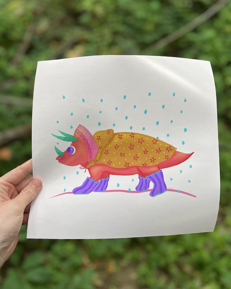 Happy Dinosaur in the Rain Art Print – Cute Dino with Rain Jacket and Boots