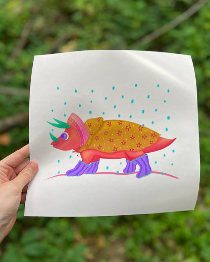 Happy Dinosaur in the Rain Art Print – Cute Dino with Rain Jacket and Boots