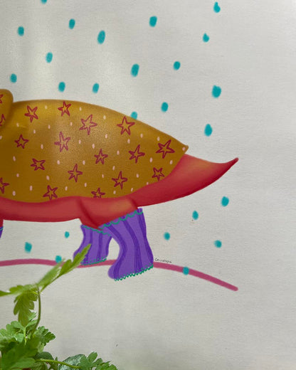 Happy Dinosaur in the Rain Art Print – Cute Dino with Rain Jacket and Boots