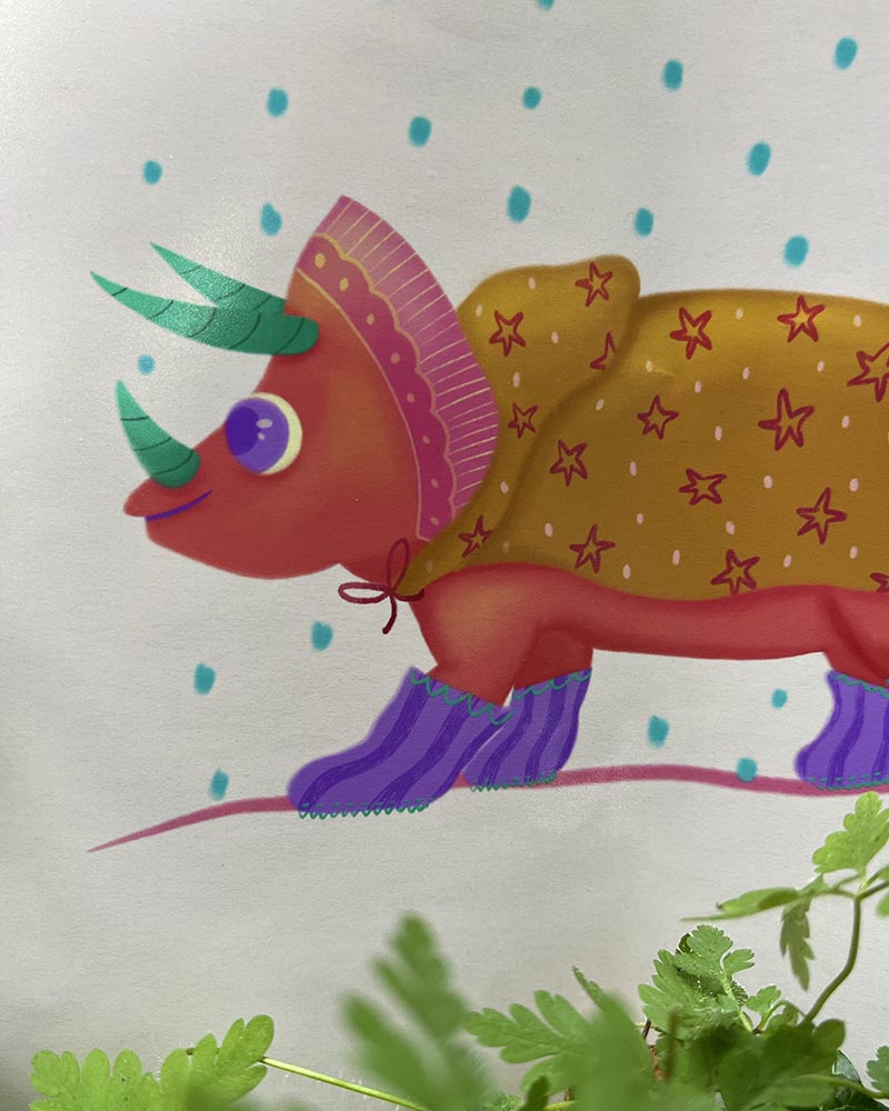 Happy Dinosaur in the Rain Art Print – Cute Dino with Rain Jacket and Boots