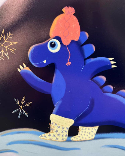 Blue Dinosaur in the Snow Art Print – Cute Dino with Hat and Boots