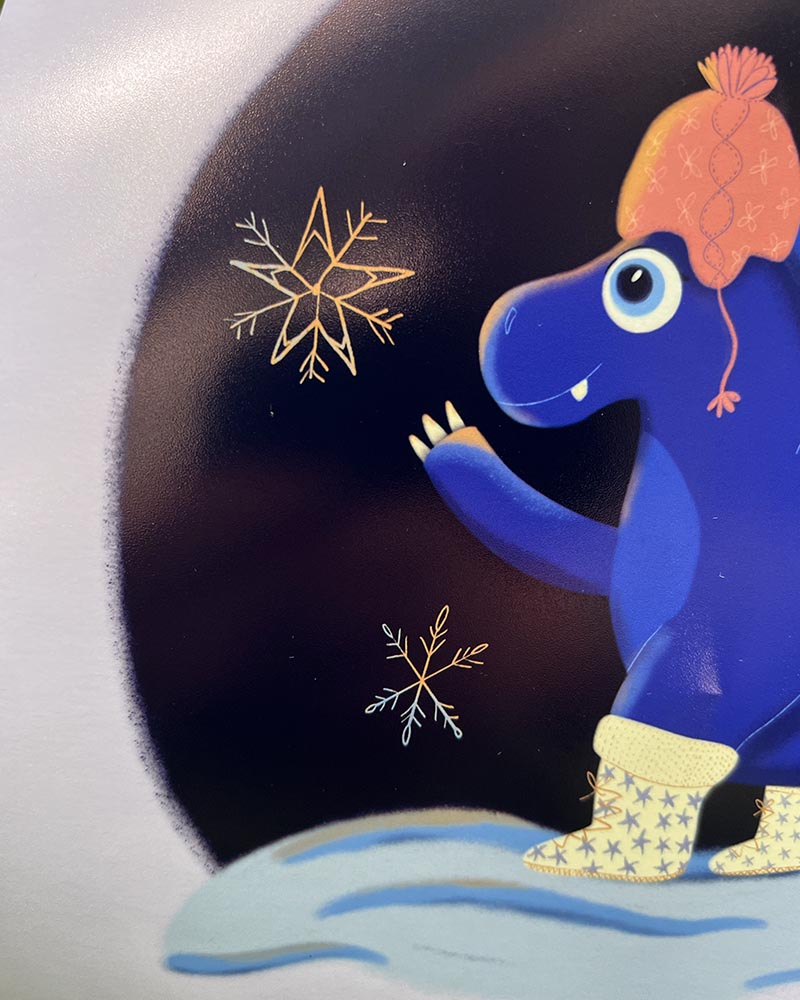 Blue Dinosaur in the Snow Art Print – Cute Dino with Hat and Boots