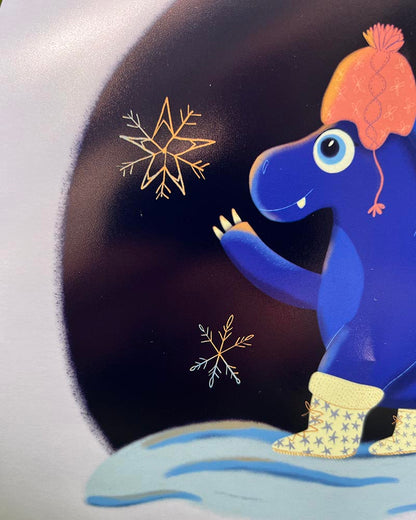 Blue Dinosaur in the Snow Art Print – Cute Dino with Hat and Boots