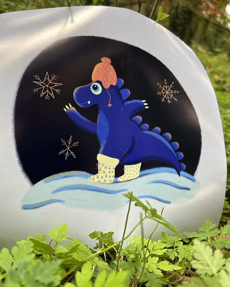 Blue Dinosaur in the Snow Art Print – Cute Dino with Hat and Boots