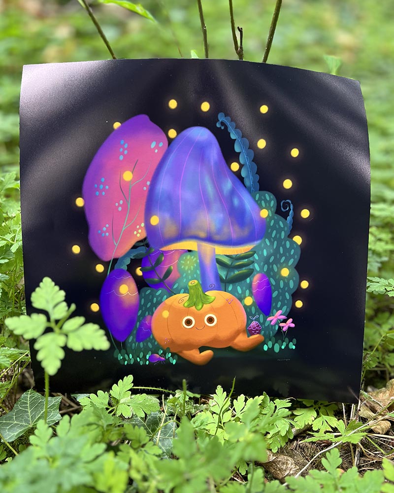 Mr. Biscuits Glowing Night Scene Art Print – Calm and Cute Pumpkin with Fireflies