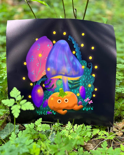 Mr. Biscuits Glowing Night Scene Art Print – Calm and Cute Pumpkin with Fireflies