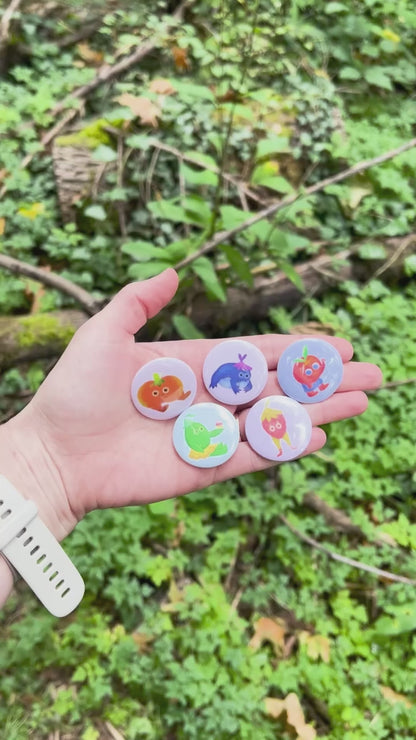 Set of 5 Fun Pin Buttons – Featuring Happy Frog, Strawberry Friend, Mr. Biscuits, Lime with Cupcake, and Peachy Guy