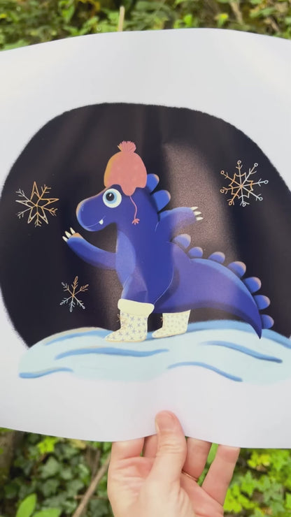 Blue Dinosaur in the Snow Art Print – Cute Dino with Hat and Boots