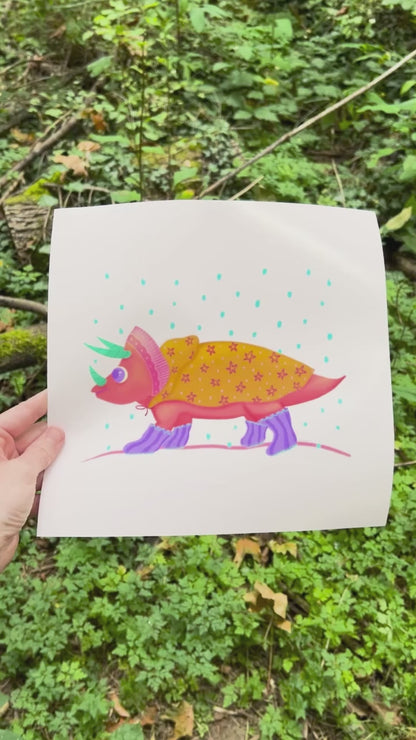 Happy Dinosaur in the Rain Art Print – Cute Dino with Rain Jacket and Boots